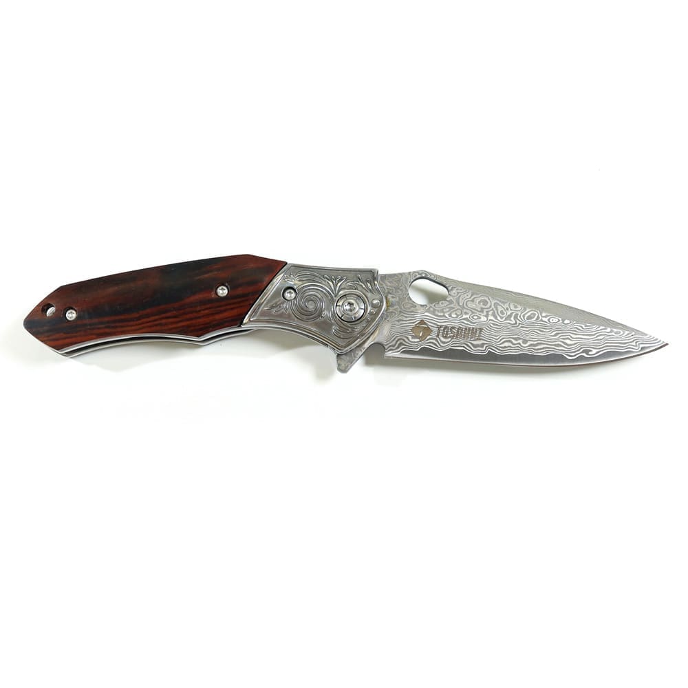 damascus-edc-knife TOSAHWI Handmade Damascus Steel Folding Knife with Engraved Bolster and Rosewood Handle - Image 1
