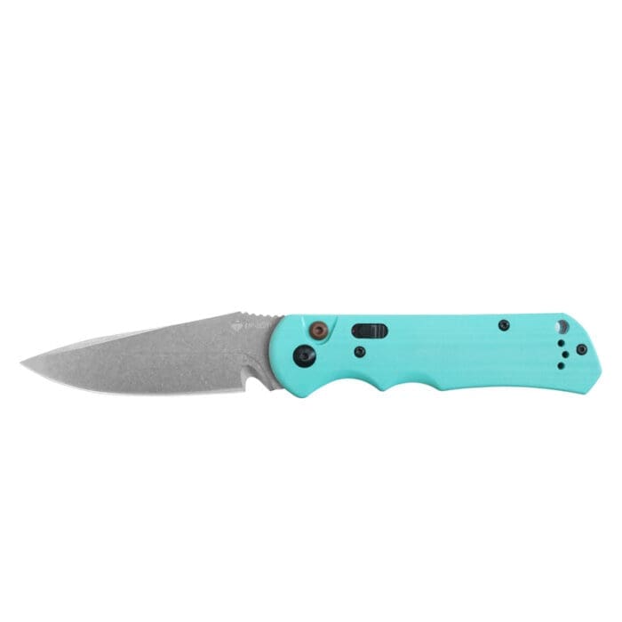 Silver blade and aqua blue G10 handle Tosahwi Veloce