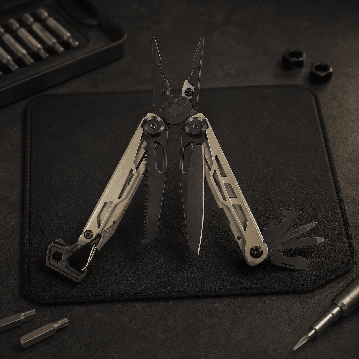 Tosahwi open multi tool with pliers on a dark repair workbench